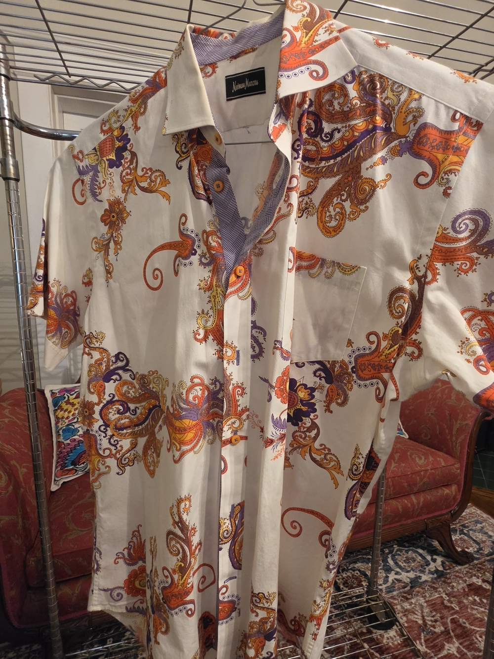 Neiman Marcus White Short-Sleeve Shirt with Orange and Purple Paisley